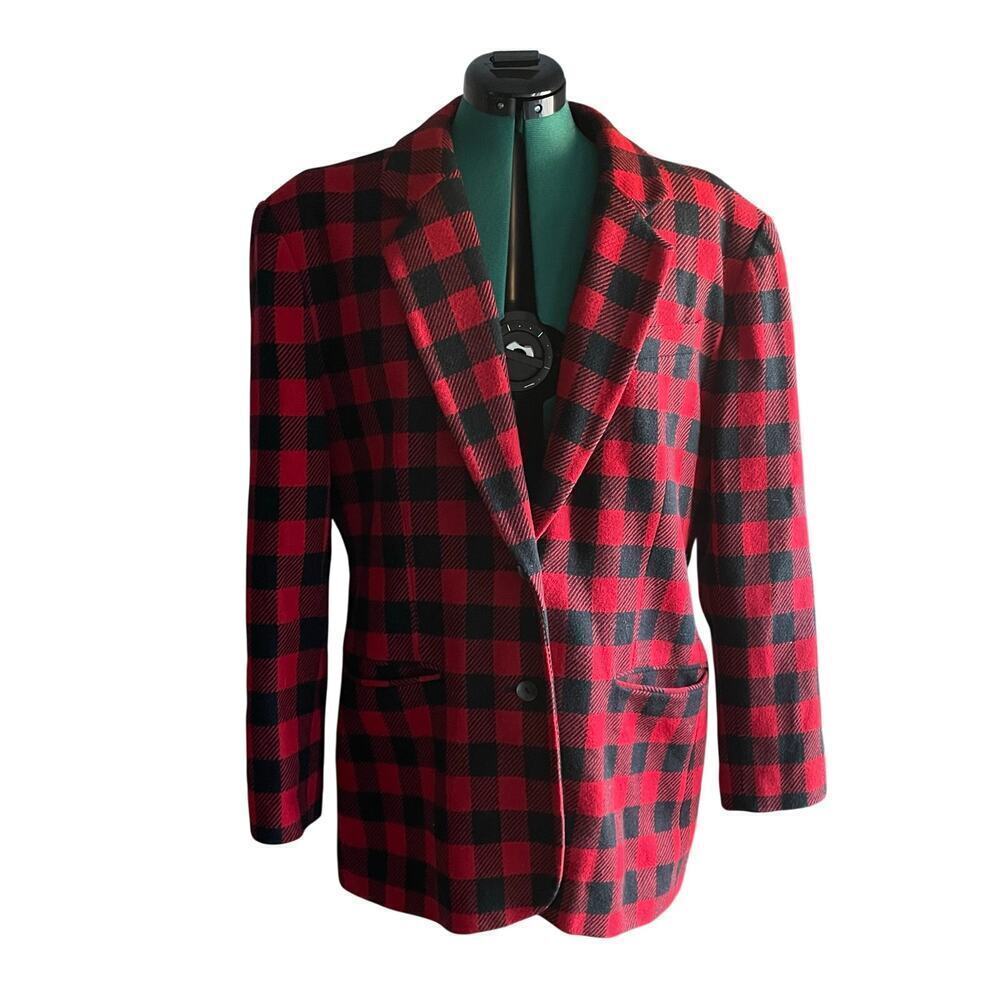 Vintage GAP Christmas Holiday Wool Blend Plaid Buffalo Check Red Black Blazer L‎